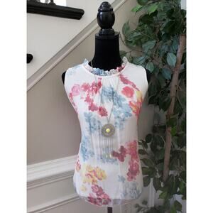 Elena Baldi Silk Blouse Top Womens Medium Multi Floral Sheer Ruffle Detail Neck